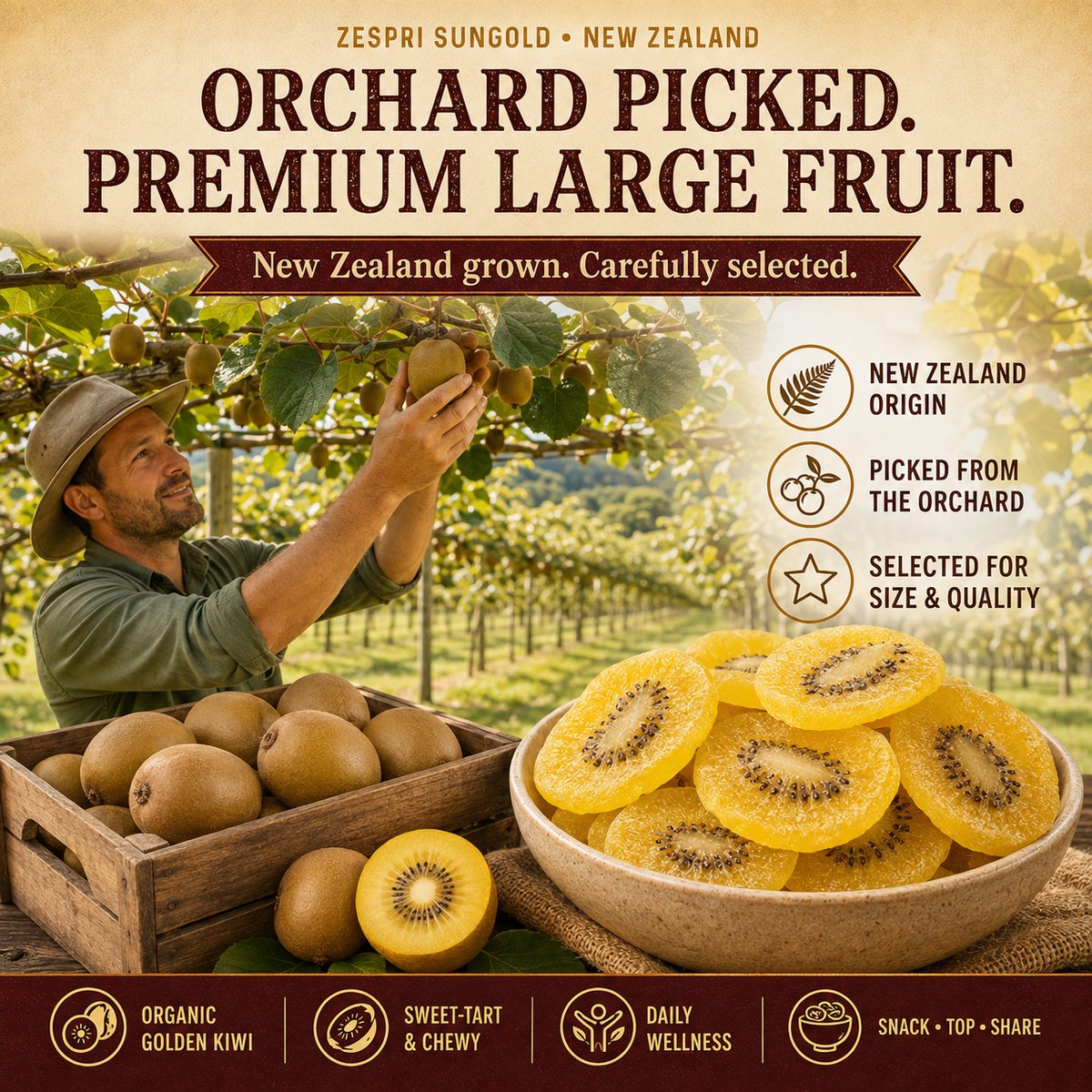 Organic Dried SunGold Kiwi | Sweet-Tart Golden Slices-CU