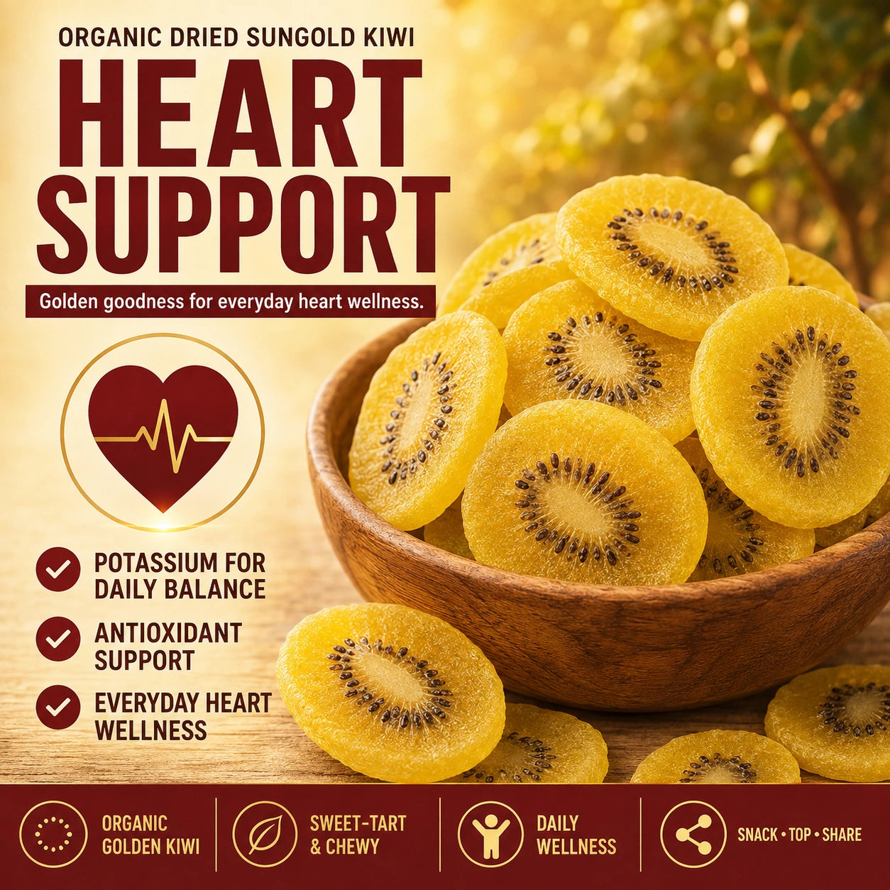 Organic dried SunGold kiwi presented with heart wellness benefits