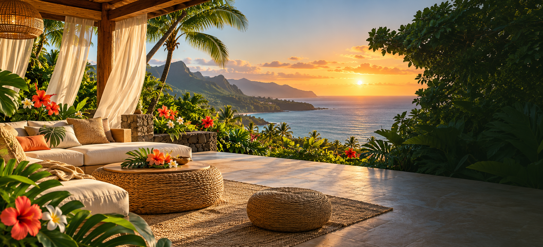 Sunlit Hawaiian lanai overlooking the ocean