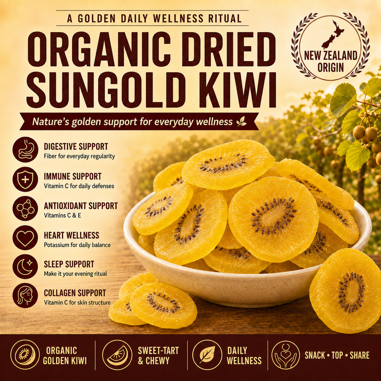 Organic Dried SunGold Kiwi | Sweet-Tart Golden Slices-CU