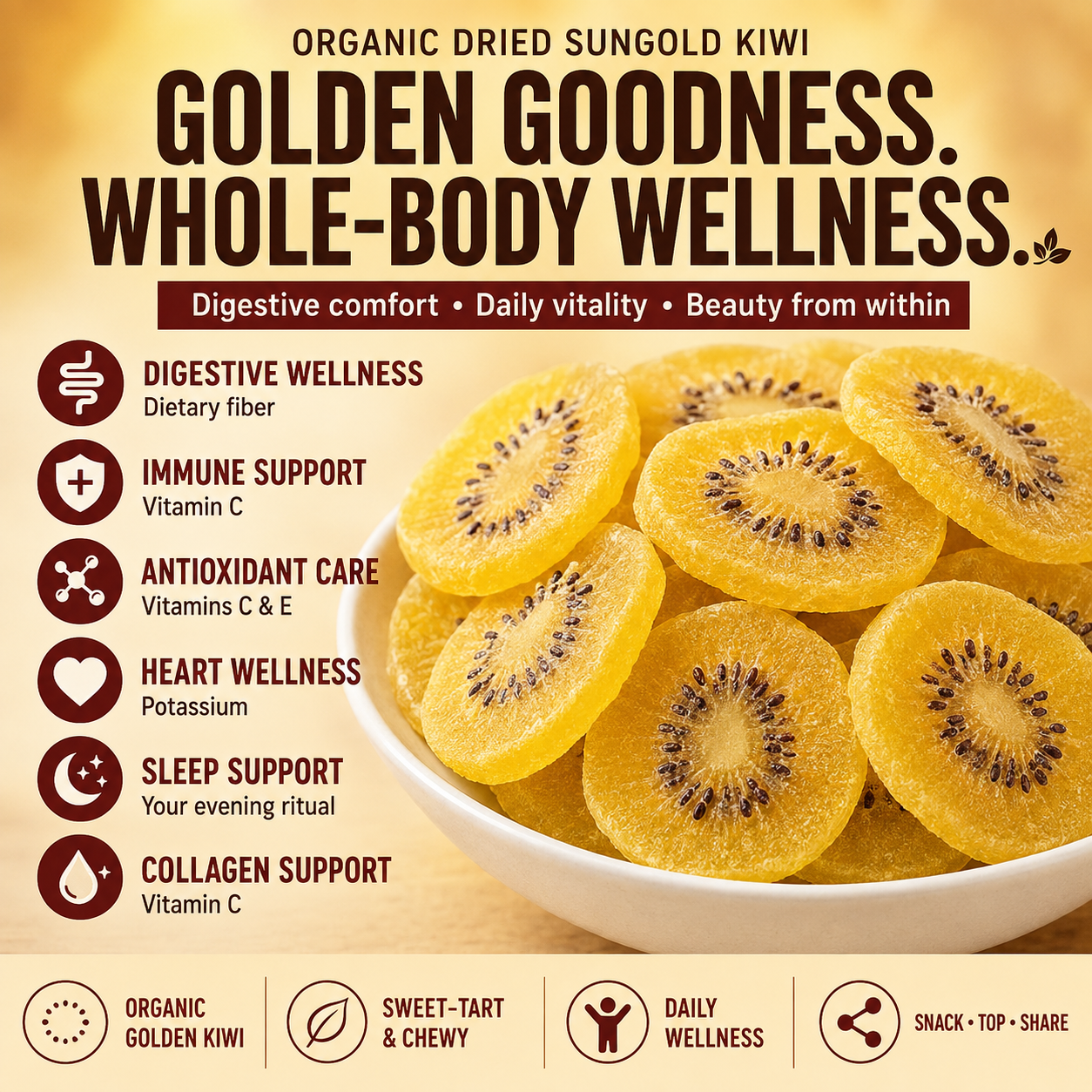 Organic Dried SunGold Kiwi | Sweet-Tart Golden Slices-CU