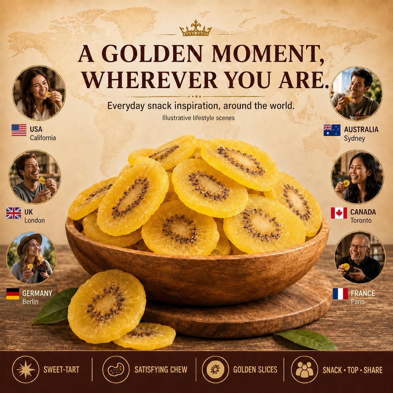 Organic Dried SunGold Kiwi | Sweet-Tart Golden Slices-CU