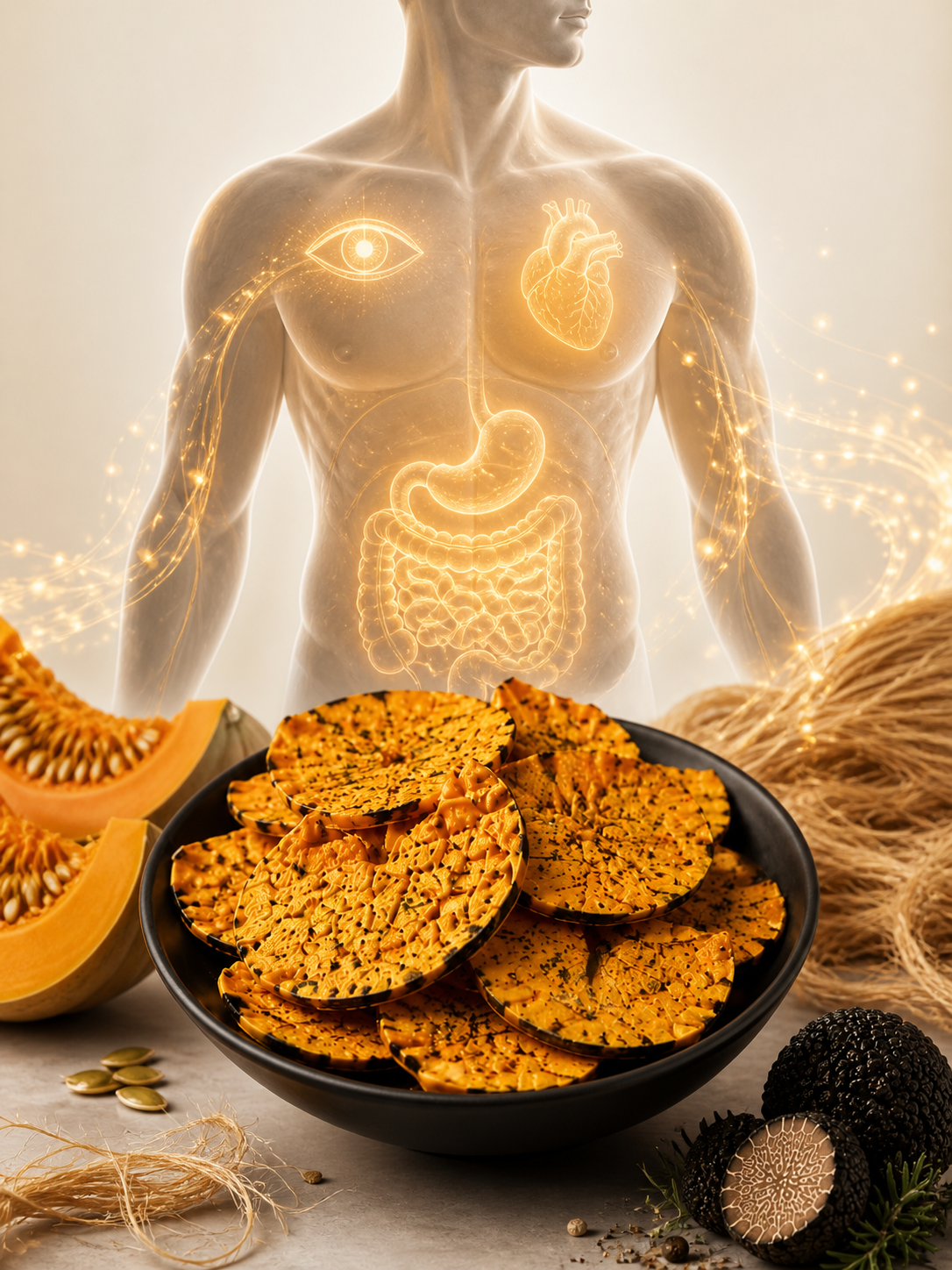 Real pumpkin crisps with digestive heart eye and daily energy wellness visuals