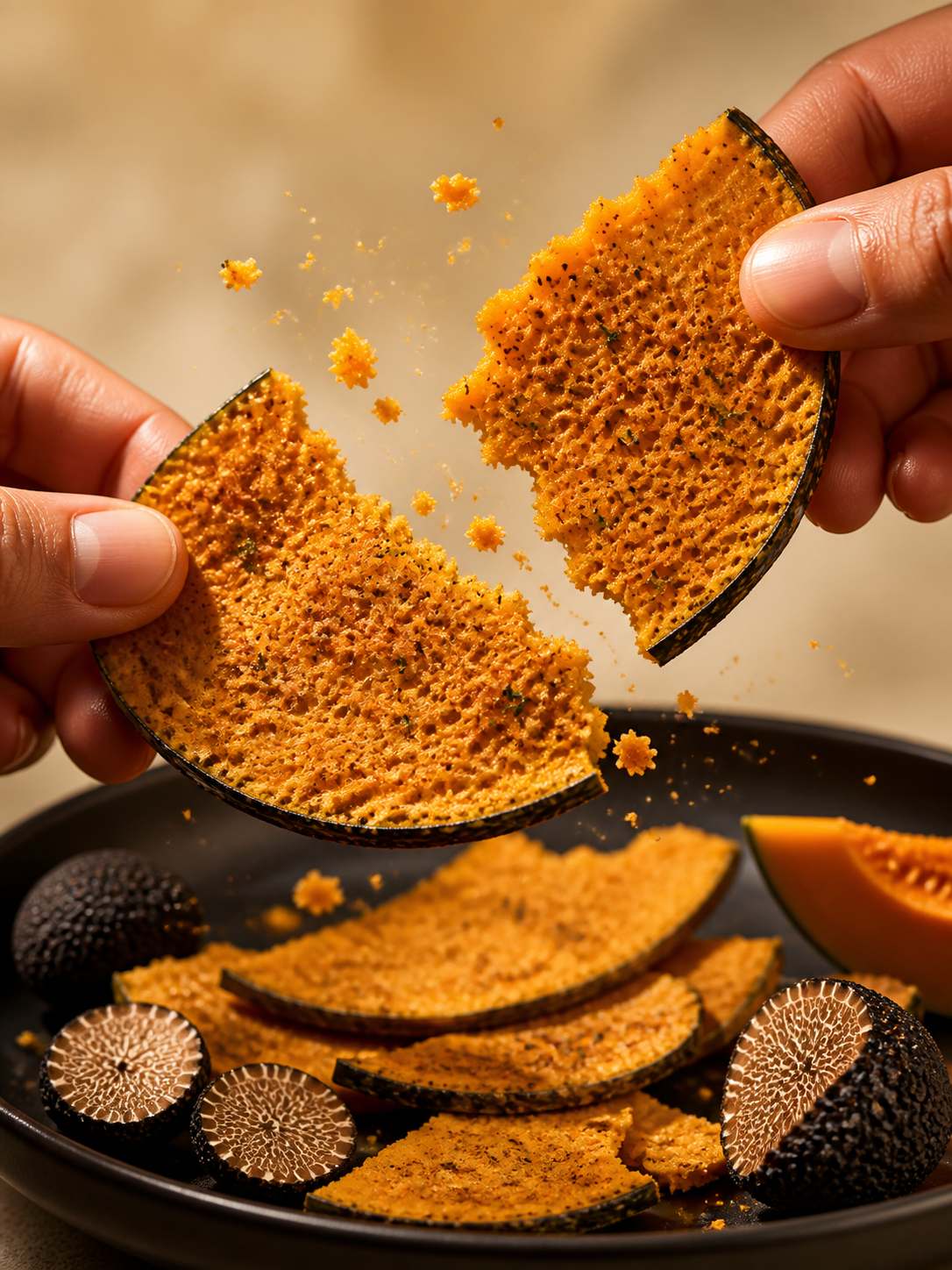 Thin pumpkin crisp snapping to show its airy baked texture