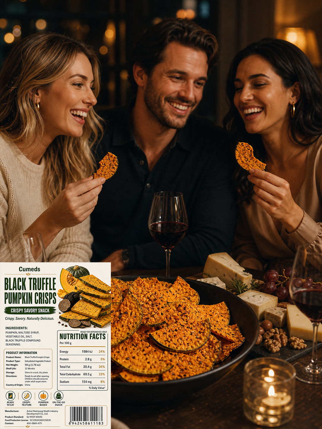 Friends enjoying black truffle pumpkin crisps with wine and cheese