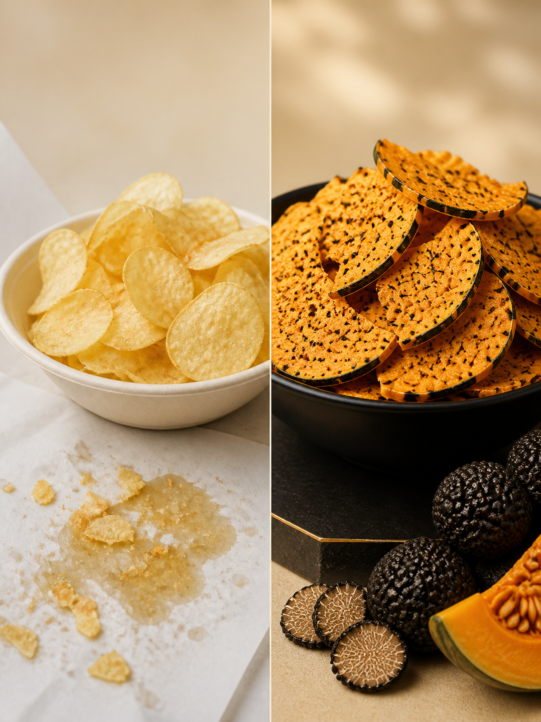 Ordinary potato chips compared with baked black truffle pumpkin crisps