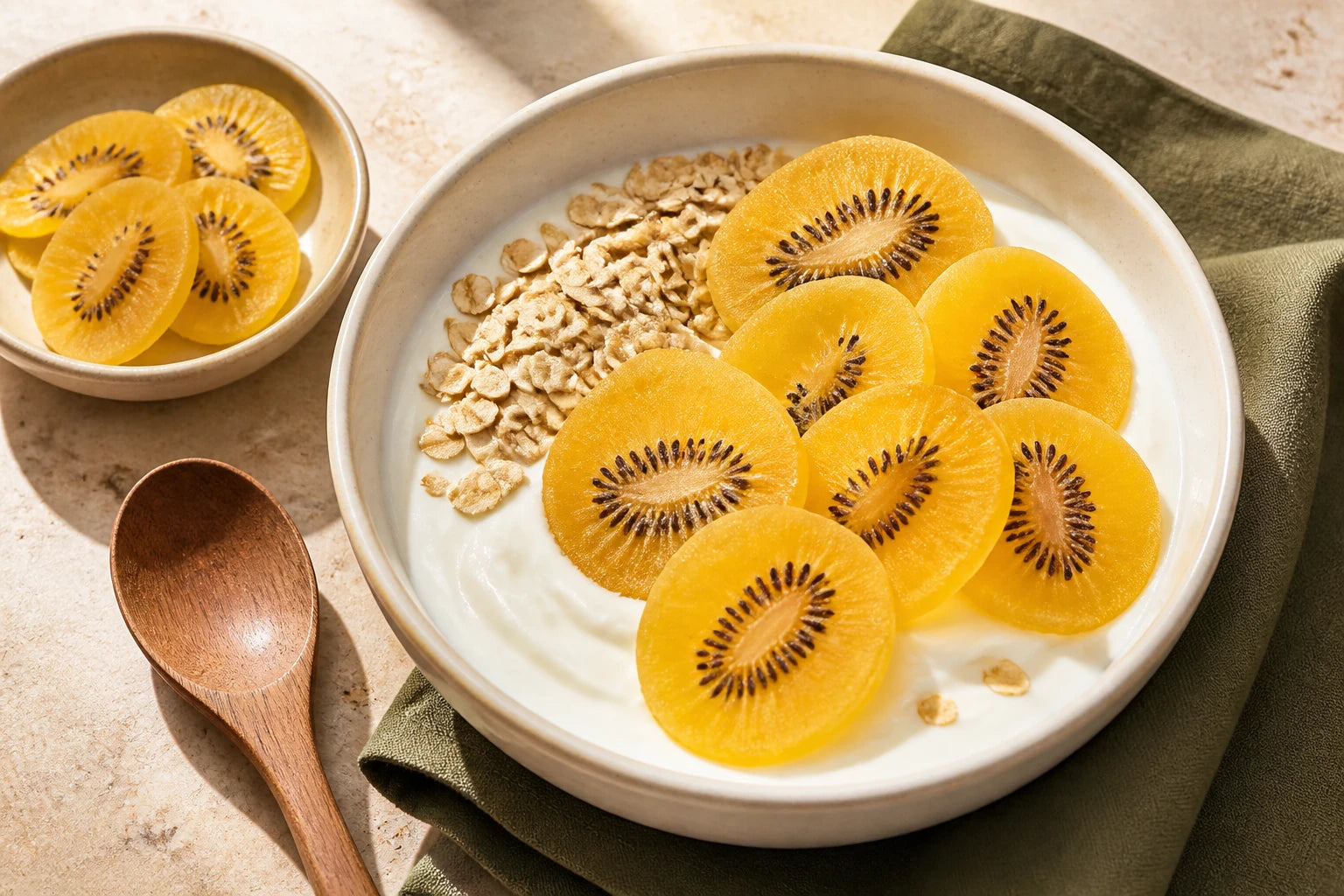 Dried golden kiwi slices served with yogurt, oats and a wooden spoon