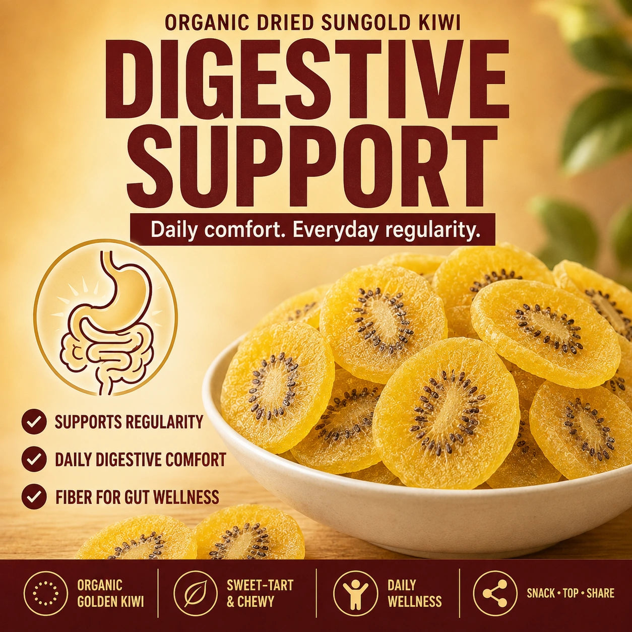 Organic dried SunGold kiwi presented with digestive support benefits