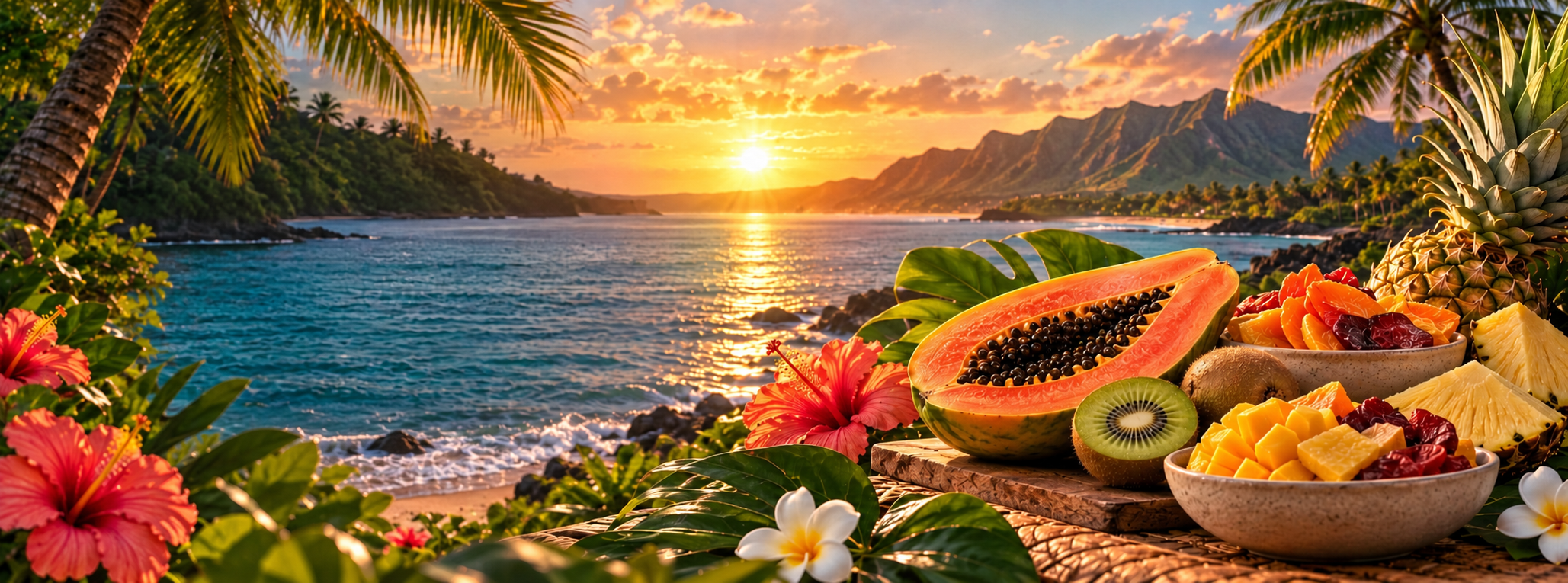 Cumeds Hawaiian tropical landscape with fruit and warm sunset
